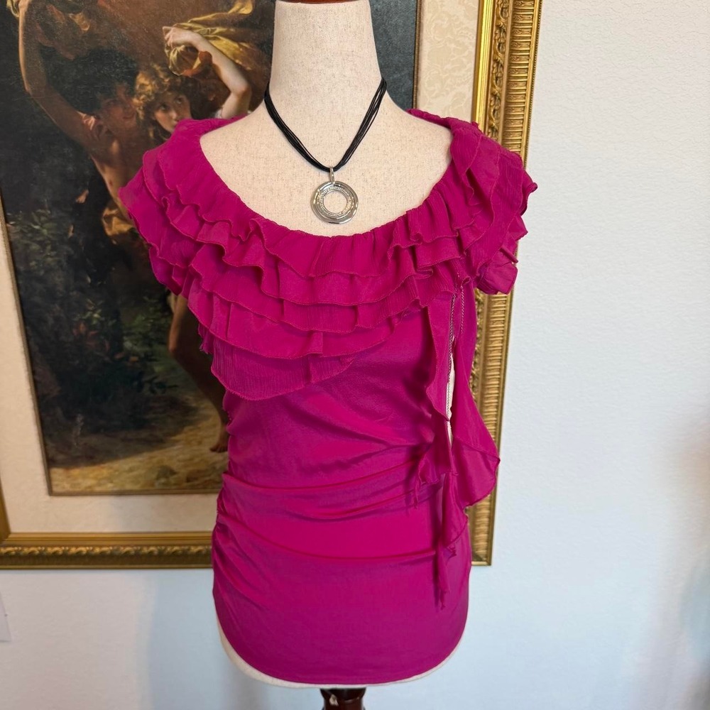 Y2K Bebe Silk Ruffle Top with Chain Detail